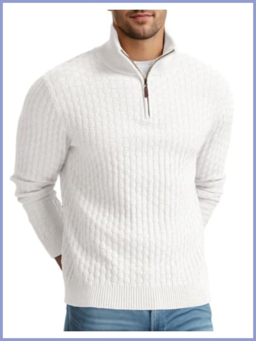 Men's Quarter Zip Waffle Knit Sweater Mock Neck Pullover Ribbing Edge